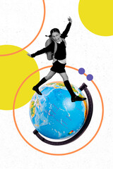 Composite collage image of funny funny girl running globe earth education study school day shopping freak bizarre unusual fantasy billboard