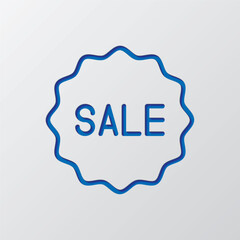 Sale icon vector. Flat design. Paper cut design. Cutted blue symbol with shadow. Gray background