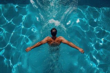 The athlete swims in the swimming pool. Top view. The concept for swimming competition, water sports advertising.
