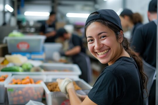 Happy volunteer woman working in a charitable foundation. Portrait of a pretty young woman looking at the camera and smiling.