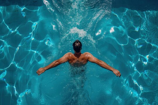 The athlete swims in the swimming pool. Top view. The concept for swimming competition, water sports advertising.