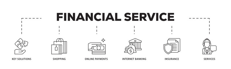 Financial service icon infographic illustration concept with icon of key solutions, shopping, online payments, internet banking, insurance and services icon live stroke and easy to edit 