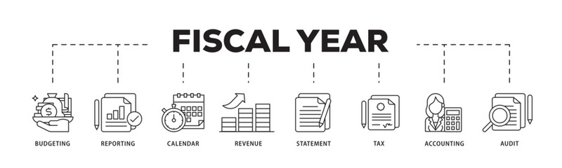 Fiscal year icon infographic illustration concept with icon of budgeting, reporting, calendar, revenue, statement, tax, accounting, audit icon live stroke and easy to edit 