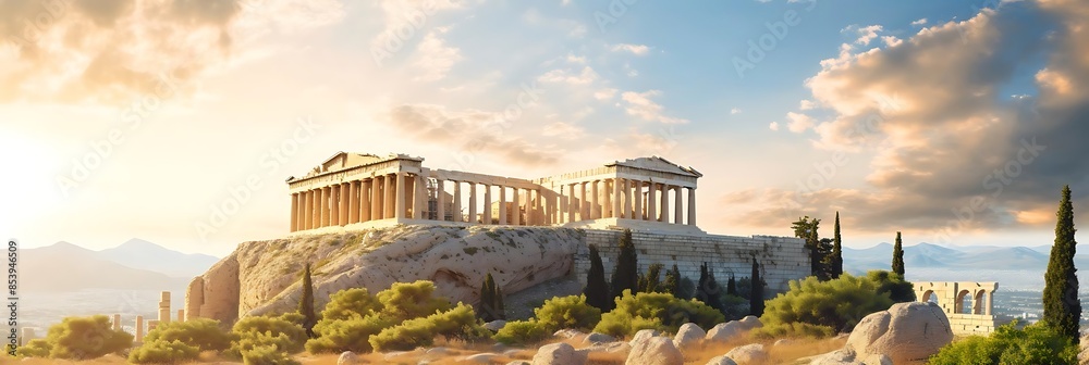 Wall mural ancient ruins of athens stand tall amidst a serene landscape of blue skies and white clouds, framed by lush green trees