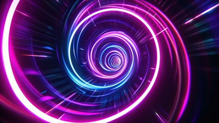 Obraz premium Neon glowing circle lines making a tunnel with vanishing point. Color lights abstract motion. Speed effect. Colorful wave spiral curve. Black background. Chaos wavy texture. Parallel pattern. Infinite