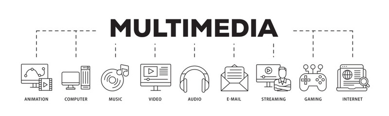 Fototapeta premium Multimedia icon infographic illustration concept with icon of e mail, video, audio, internet, streaming, gaming, music, computer, animation icon live stroke and easy to edit 