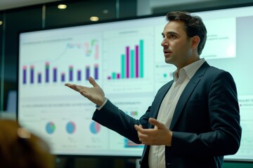 A businessman leads a meeting, presenting data analysis and growth strategies to colleagues in the office
