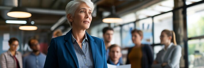 In an office setting, a successful businesswoman leads a diverse team in a collaborative meeting