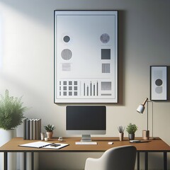 A computer on a desk with poster empty white in work working home style interior set design office home optimized informative professional.