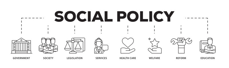 Social policy icon infographic illustration concept with icon of education, reform, services, welfare, health care ,legislation, society, government icon live stroke and easy to edit 