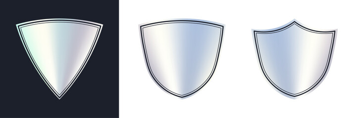 Silver shield, metallic foil labels. Isolated metal emblem on white and dark background