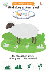 Obraz premium Learning animal sounds. Cut and glue educational children game. What does a sheep say? baa. Matching shadow game worksheet for kids. 