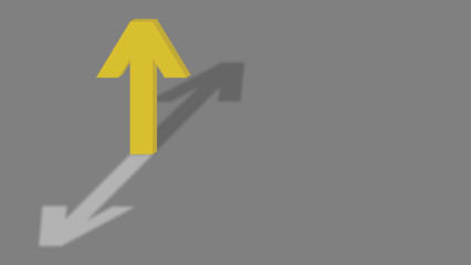 Yellow arrow pointing upward with two shadows on a grey background, symbolizing duality or different paths and perspectives to reach a goal.