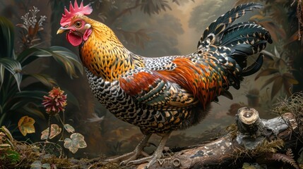 A Striking Rooster in a Lush Tropical Setting