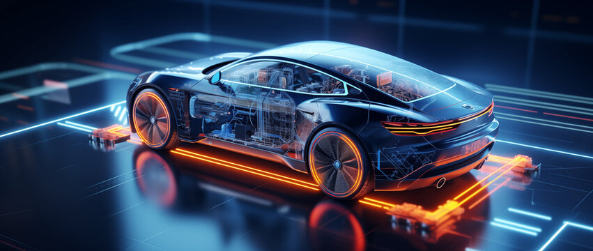  innovaci&oacute;n en tecnolog&iacute;a automovil&iacute;stica.
Bater&iacute;a y motor de veh&iacute;culo el&eacute;ctrico en el chasis del coche con fondo en blanco y visualizaci&oacute;n de datos.