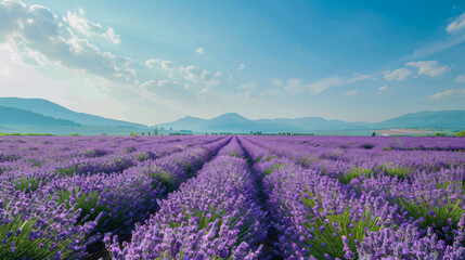 Fototapeta premium A beautiful lavender field stretches beneath a clear blue sky, with purple blooms and distant mountains in the background on a sunny day.