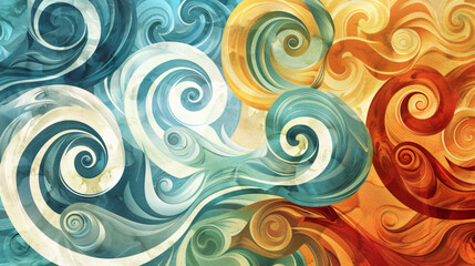 Abstract artistic swirl design with vibrant blue, green, and orange colors, blending fluidly in a dynamic and eye-catching pattern.