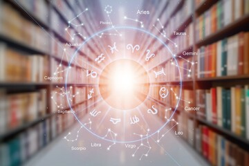 Zodiac circle and open book. Astrological sings