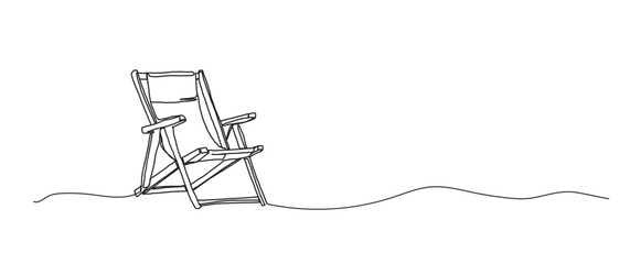 Beach chair continuous one line drawing, single line art element, minimalist sketch line vector illustration, summer travel holiday concept