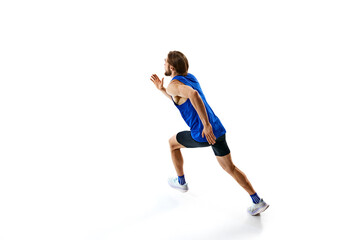 Young competitive man, runner athlete in motion, running,training isolated on white studio background. Concept of sport, marathon, competition, healthy and active lifestyle