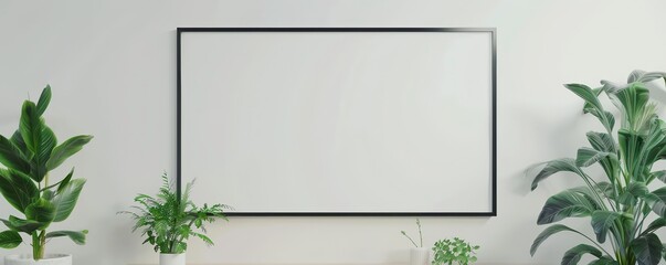 Minimalist empty whiteboard with a black frame on a white wall, surrounded by green houseplants. Perfect for modern office or home decor.