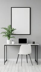 Minimalist home office setup with computer, plants, and blank poster on gray wall. Modern workspace concept with a white chair and tidy desk.