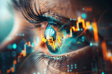 Close-up photo of the eyes of a female with floating data icons and graphs