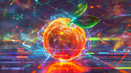 A glowing orange slice surrounded by neon lights, embodying the blend of organic and digital elements in a futuristic cyberpunk theme.
