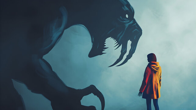 Phobia illustrated by exaggerated, looming shadows of common fears.


