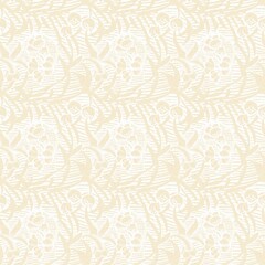 Modern white on cream lace effect wedding background texture. Soft tonal linen openwork block print with subtle hand drawn lattice damask printed fabric backdrop. 