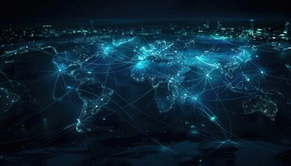 "Futuristic Global Network: Illuminated Map of Interconnected Cities and Continents" Generative AI