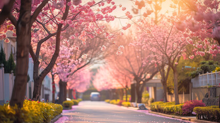 Serene street lined with pink cherry blossom trees in full bloom, bathed in gentle sunlight, creating a tranquil spring atmosphere.
