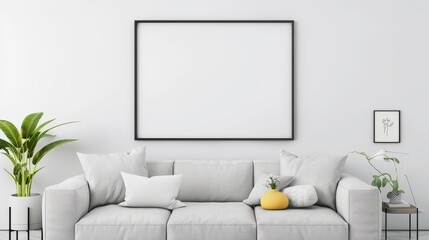 Minimalist living room with a grey sofa, decorative pillows, and plants, featuring a large empty picture frame on the wall.
