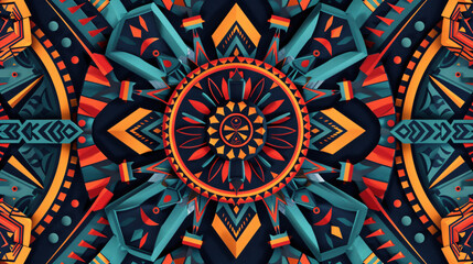 Vibrant tribal geometric pattern with colorful intricate designs. Symmetrical abstract artwork ideal for backgrounds, textiles, and prints.