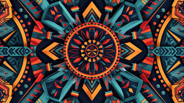 Vibrant tribal geometric pattern with colorful intricate designs. Symmetrical abstract artwork ideal for backgrounds, textiles, and prints.