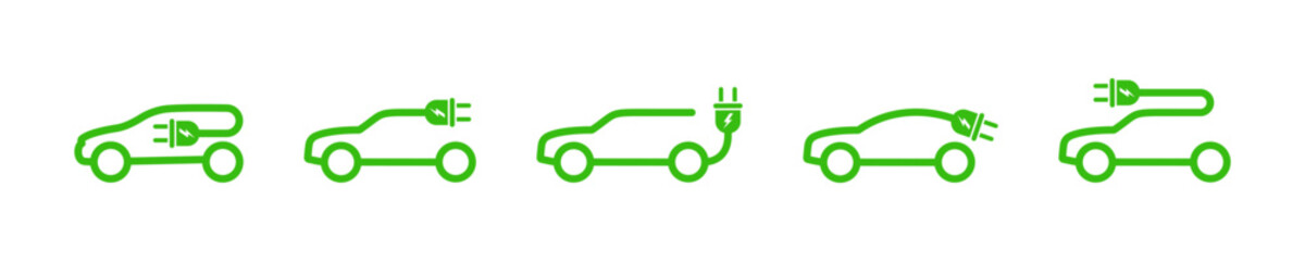 Set of green electric car with plug. Electric car charger place. Recharger battery station for automobile. Friendly alternative energy.