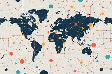 Fototapeta premium seamless pattern flat illustration style, world map Global telecommunication network, nodes connected around earth, internet, worldwide communication world map