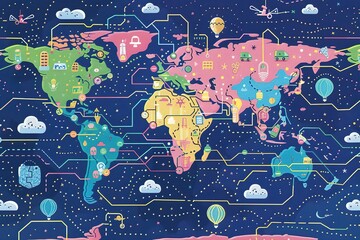 seamless pattern flat illustration style, world map Internet network connection concept. Connecting digital telecommunication, big data, internet of things, big data, digital transformation, cloud  