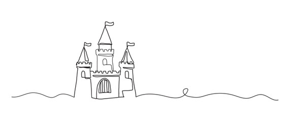 Fototapeta premium Sandcastle continuous one line drawing, single line art element, minimalist sketch line vector illustration, summer travel holiday concept