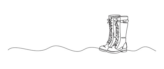 Winter, rainy boots continuous one line drawing, single line art element, minimalist sketch line vector illustration, autum and thanksgiving concept