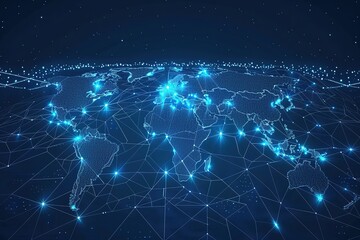 Obraz premium seamless pattern flat illustration style, world map modern conceptual polygonal 3d design of computer screen and robotics in bright blue. Innovative web development, app or website 