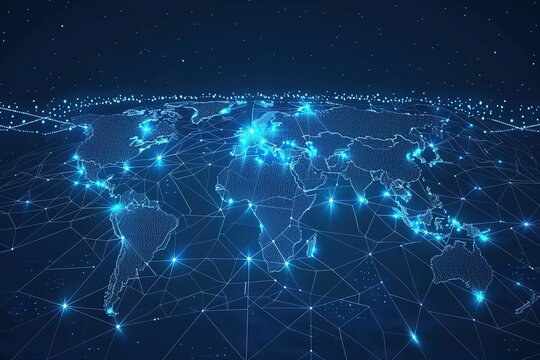 seamless pattern flat illustration style, world map modern conceptual polygonal 3d design of computer screen and robotics in bright blue. Innovative web development, app or website 