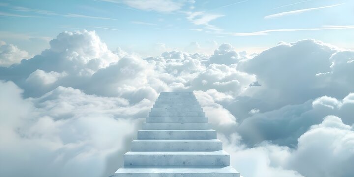 Ascending staircase through serene clouds towards heavens gates. Concept Spiritual Journey, Heavenly Ascent, Staircase to Heaven, Cloudscape Exploration