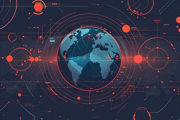 seamless pattern flat illustration style, world map Earth with space, Connection lines around Earth globe, futuristic technology theme background with circles and lines. Concept of internet world map