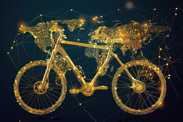 seamless pattern flat illustration style, world map Bicycle. Low poly wireframe design of mountain bike in gold style. Polygonal elegant image in RGB color. Video blog concept