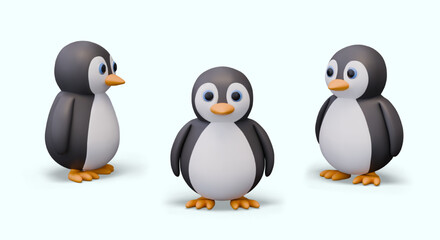 Cute 3D penguin, front view and different sides. Vector bird in children style