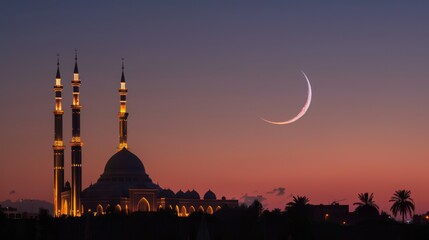 Crescent Moon Over Illuminated Mosque at Sunset