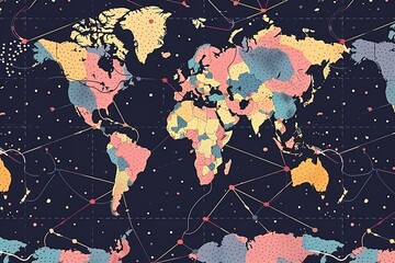 seamless pattern flat illustration style, world map network background with earth map world map