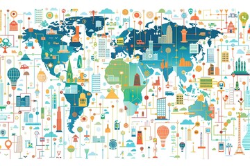 seamless pattern flat illustration style, world map Smart City and network connection concept world map --ar 3:2 Job ID: b0adb129-ffe2-43aa-9626-db88aa565178