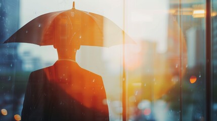 Businessman Holding Umbrella in Double Exposure Symbolizing Risk Management and Insurance Concepts in Business